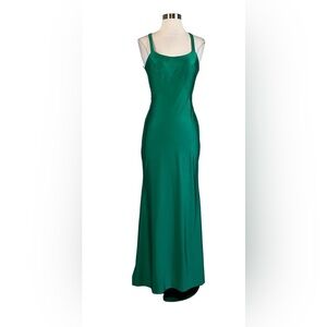 Green Satin Backless Lace Up Formal Dress Women's Evening Gown Size 2